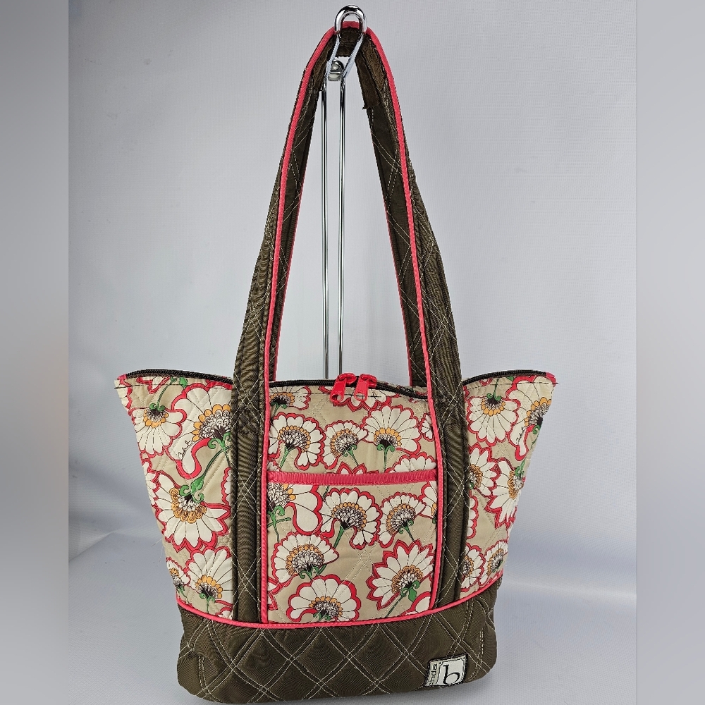 Cinda B. Bella Fiore Cocoa Tote Bag Quilted Floral Pink White Brown